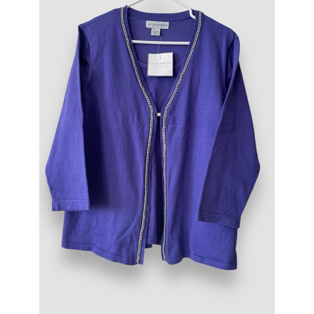 Sag Harbor Cardigan Cotton Blend 2in1 Soft Knit Comfort Pullover Purple XL NWT